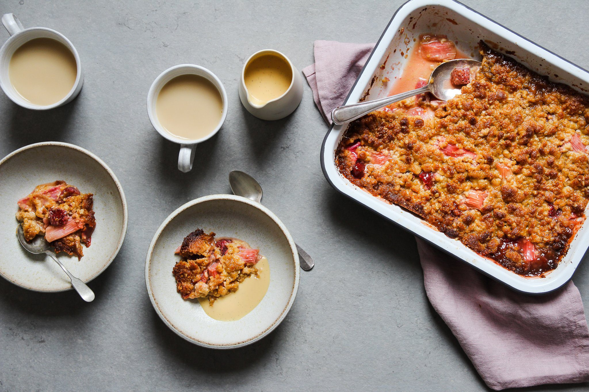 Rhubarb, Strawberry and Malt Crumble with Malt Custard
